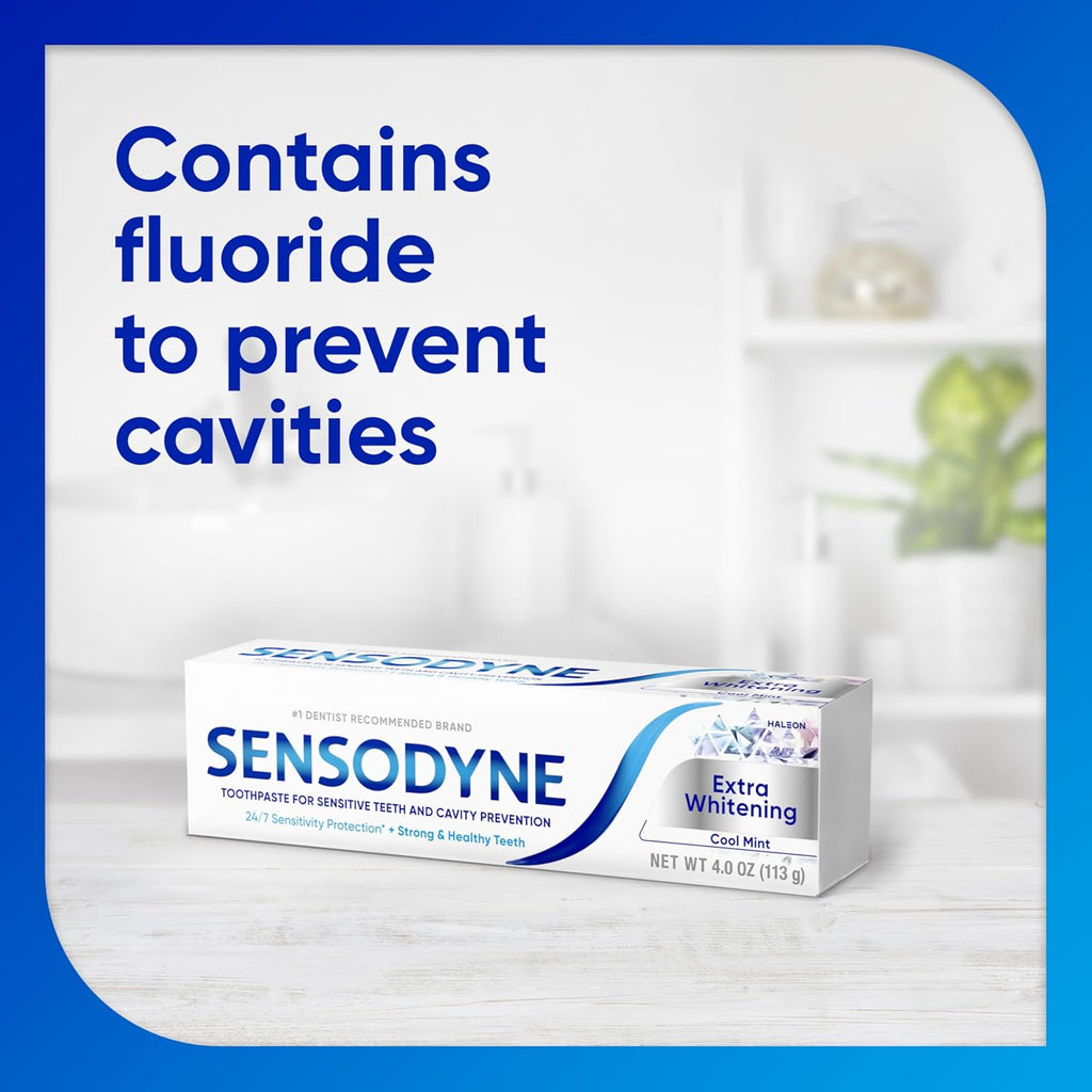 Sensodyne Extra Whitening Toothpaste for Sensitive Teeth - 4 Pack of Cool Mint Flavor, 4 Oz Tubes - Ultimate Cavity Protection & Sensitivity Relief