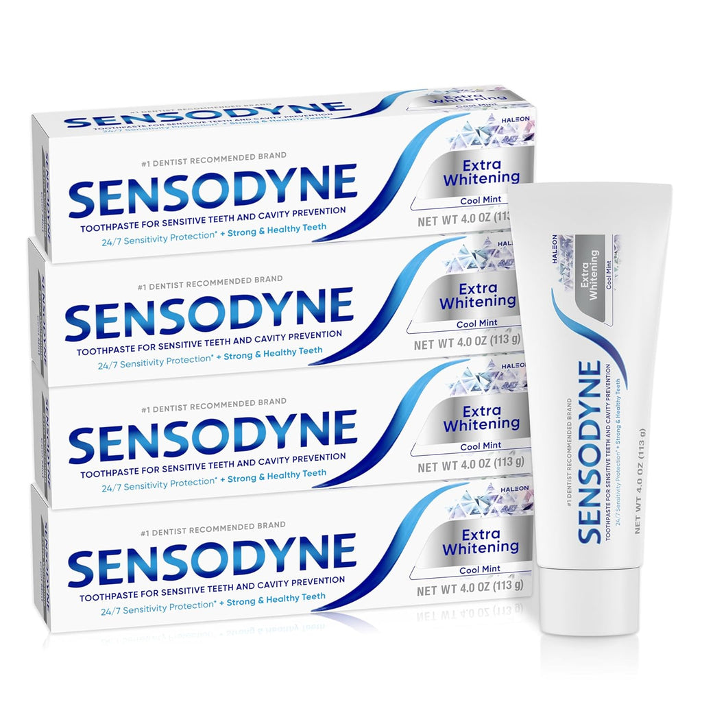 Sensodyne Extra Whitening Toothpaste for Sensitive Teeth - 4 Pack of Cool Mint Flavor, 4 Oz Tubes - Ultimate Cavity Protection & Sensitivity Relief