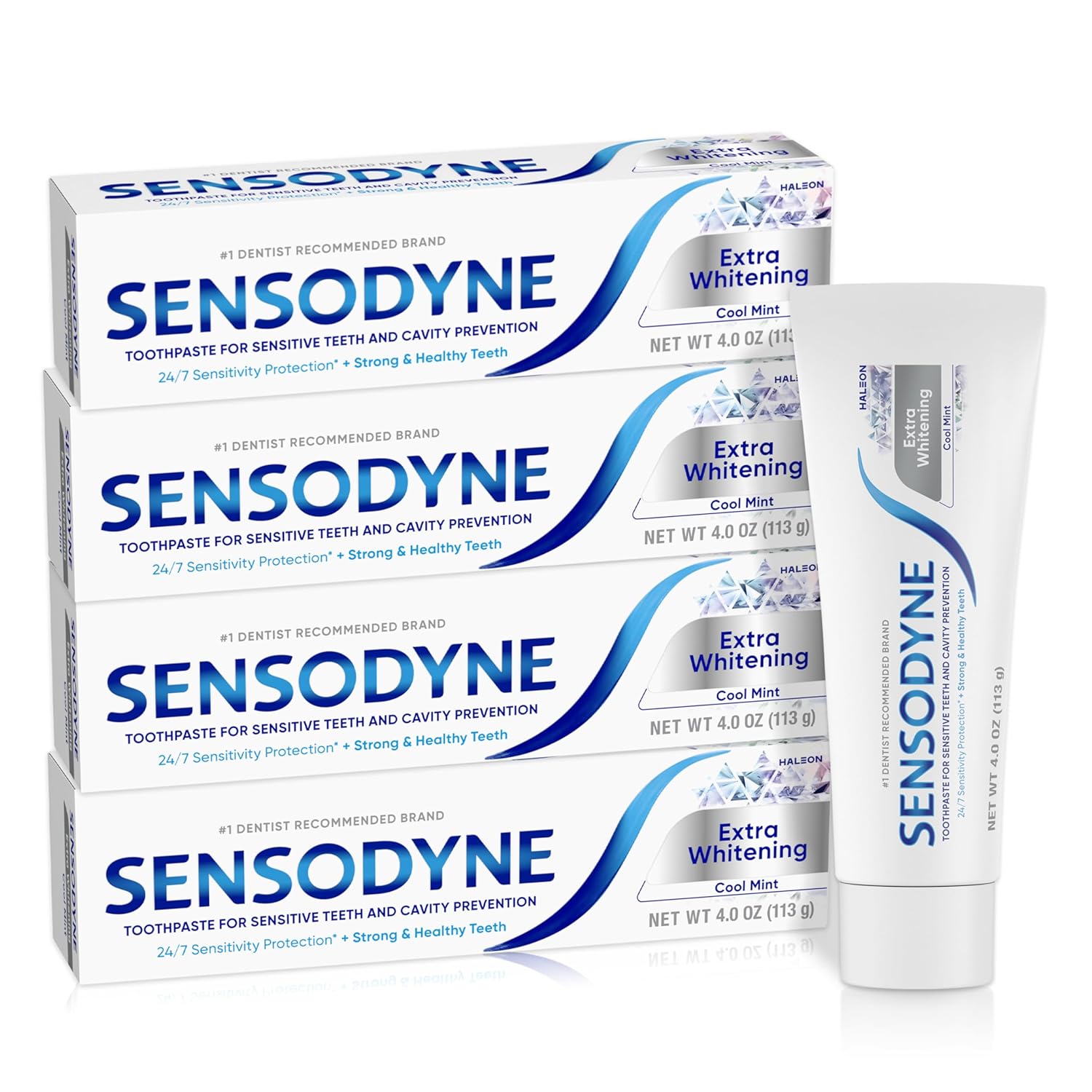 Sensodyne Extra Whitening Toothpaste for Sensitive Teeth - 4 Pack of Cool Mint Flavor, 4 Oz Tubes - Ultimate Cavity Protection & Sensitivity Relief