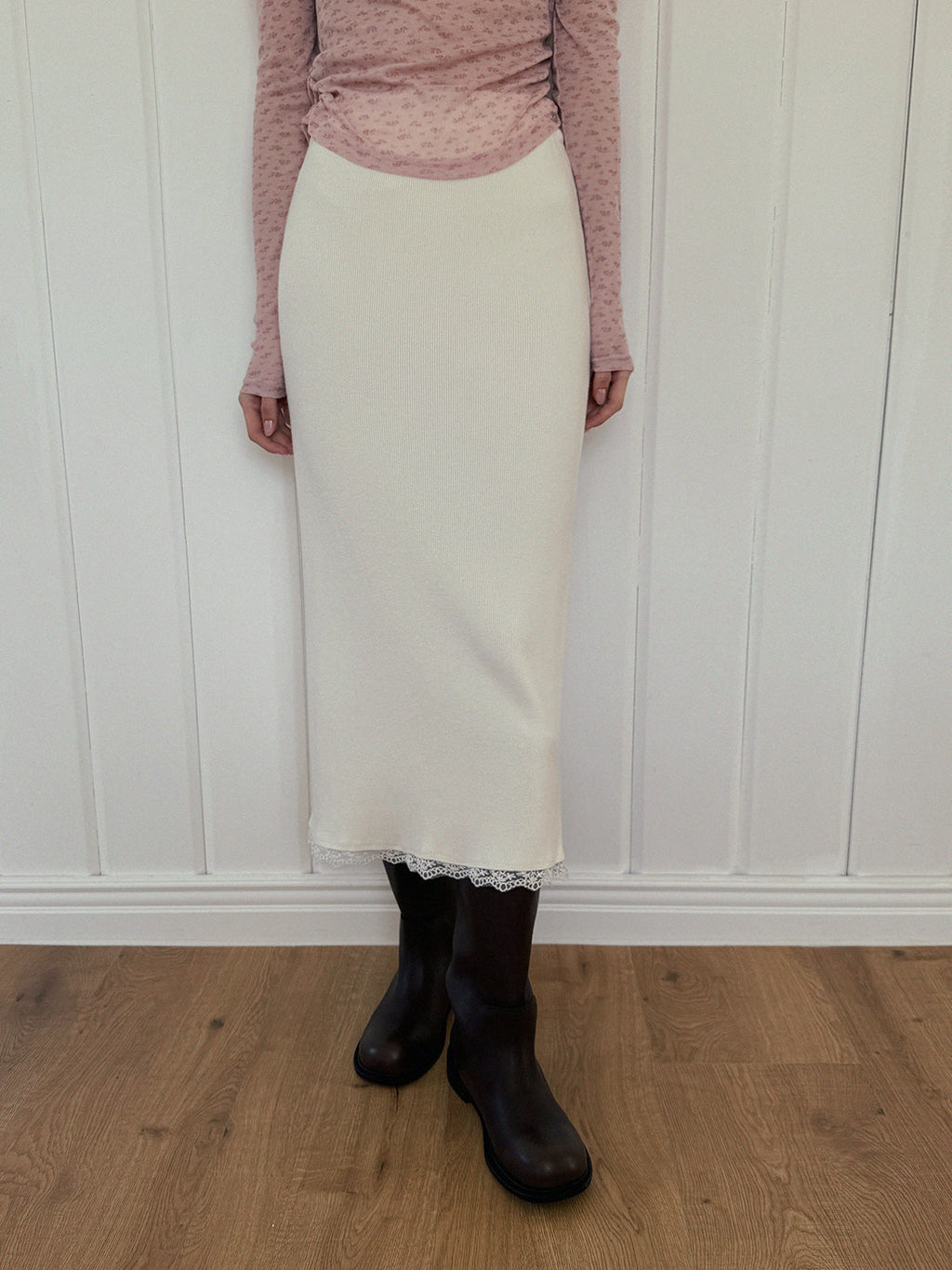 [TWEE] Odin Lace Banding Knit Long Skirt-1