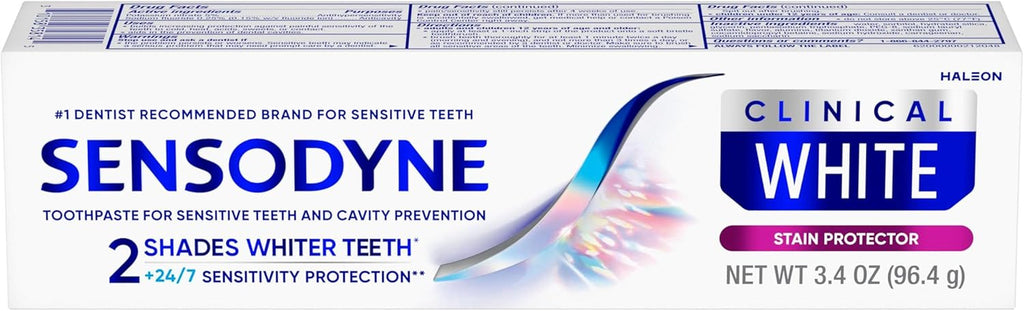 Sensodyne Clinical White Toothpaste for Sensitive Teeth - Clinically Proven Whitening and Stain Protection, 3.4 Oz (Pack of 3)