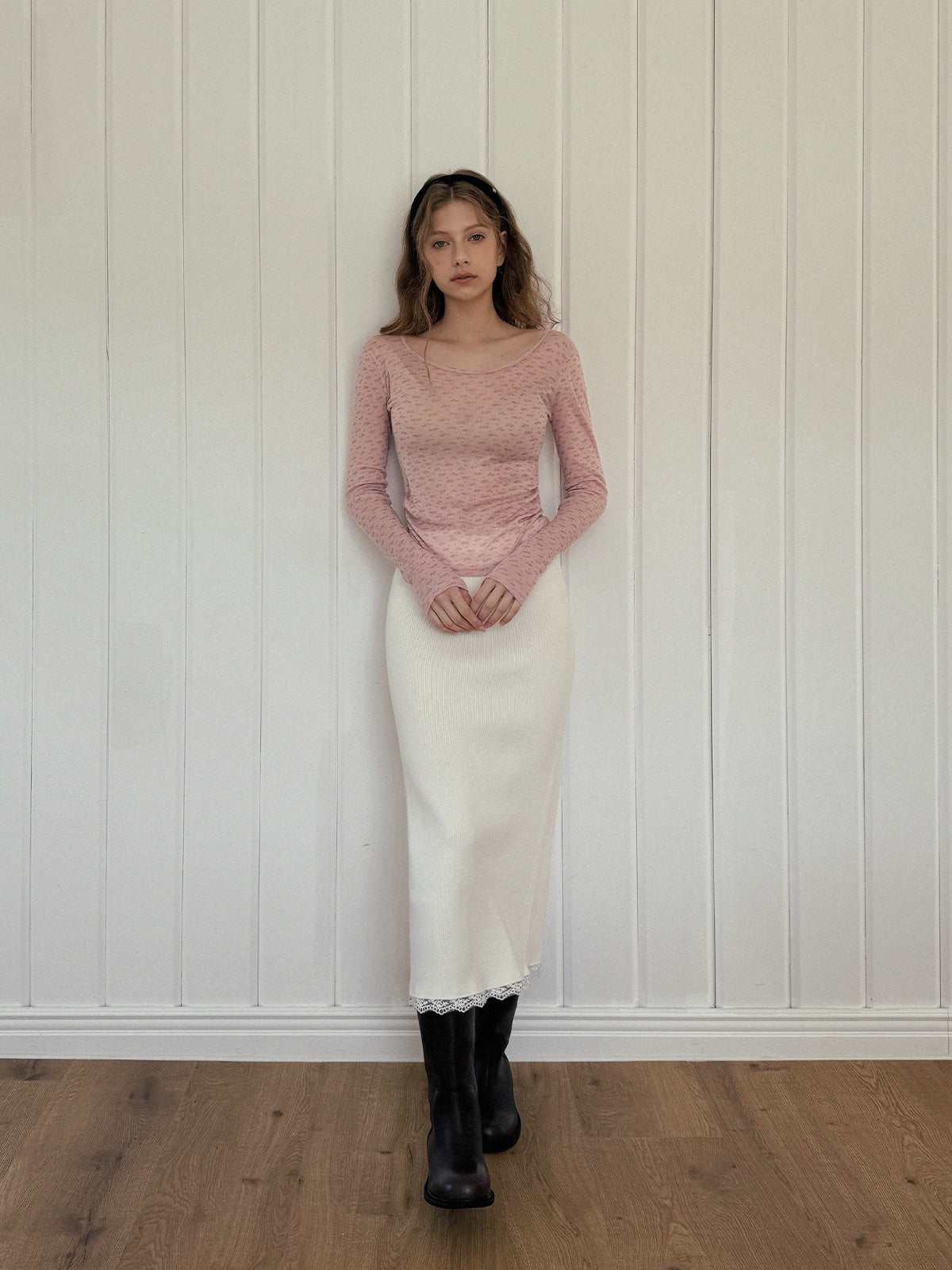 [TWEE] Odin Lace Banding Knit Long Skirt